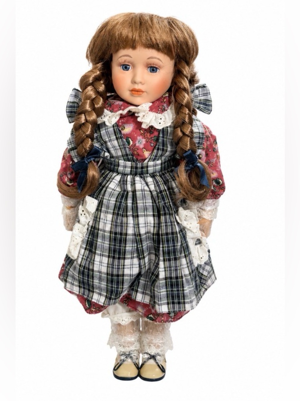Porcelain Girl Doll in Pink Floral Dress with Plaid Apron